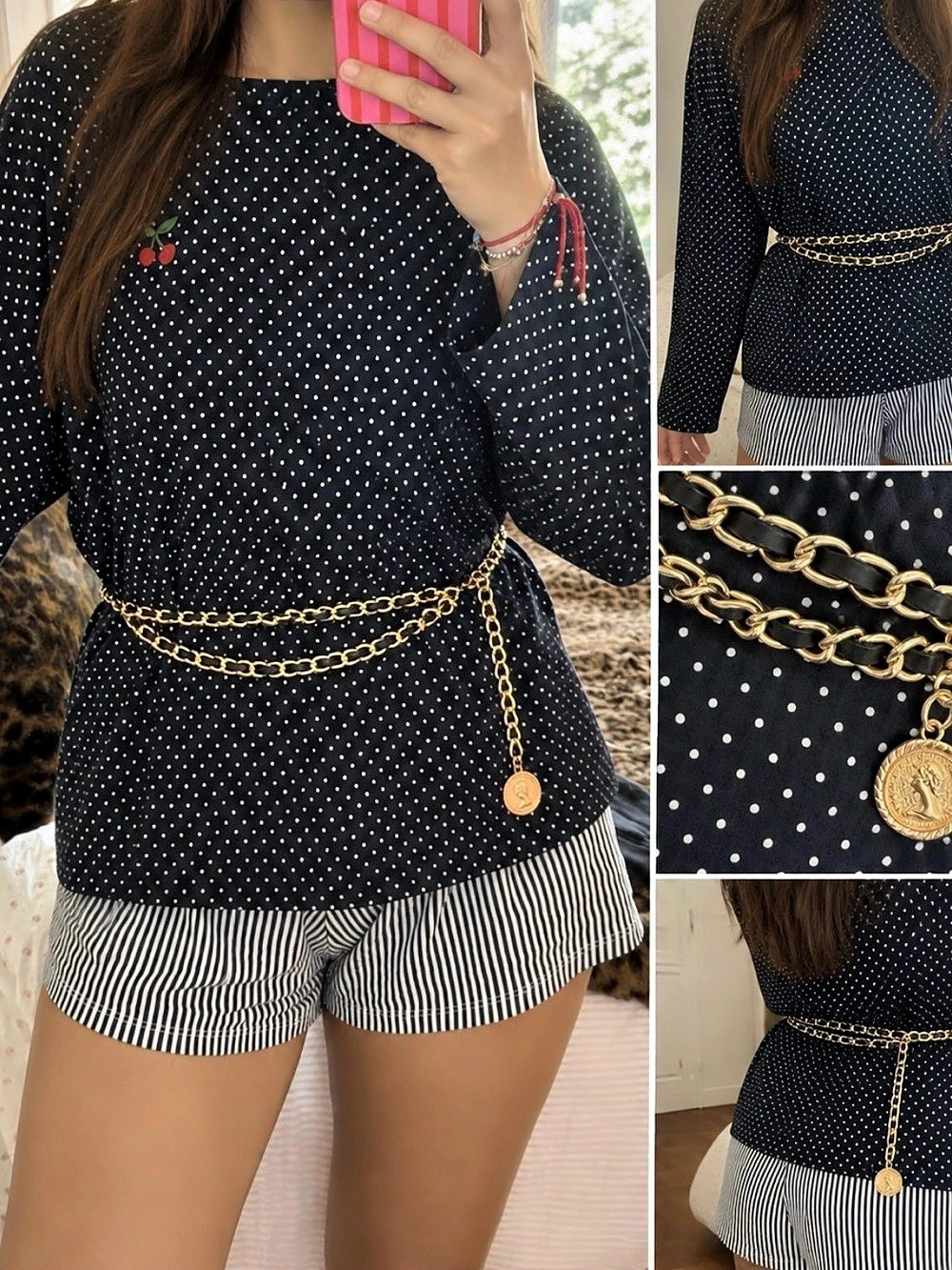 Gold Chain Waist Belt Black Woven Coin Charm Statement